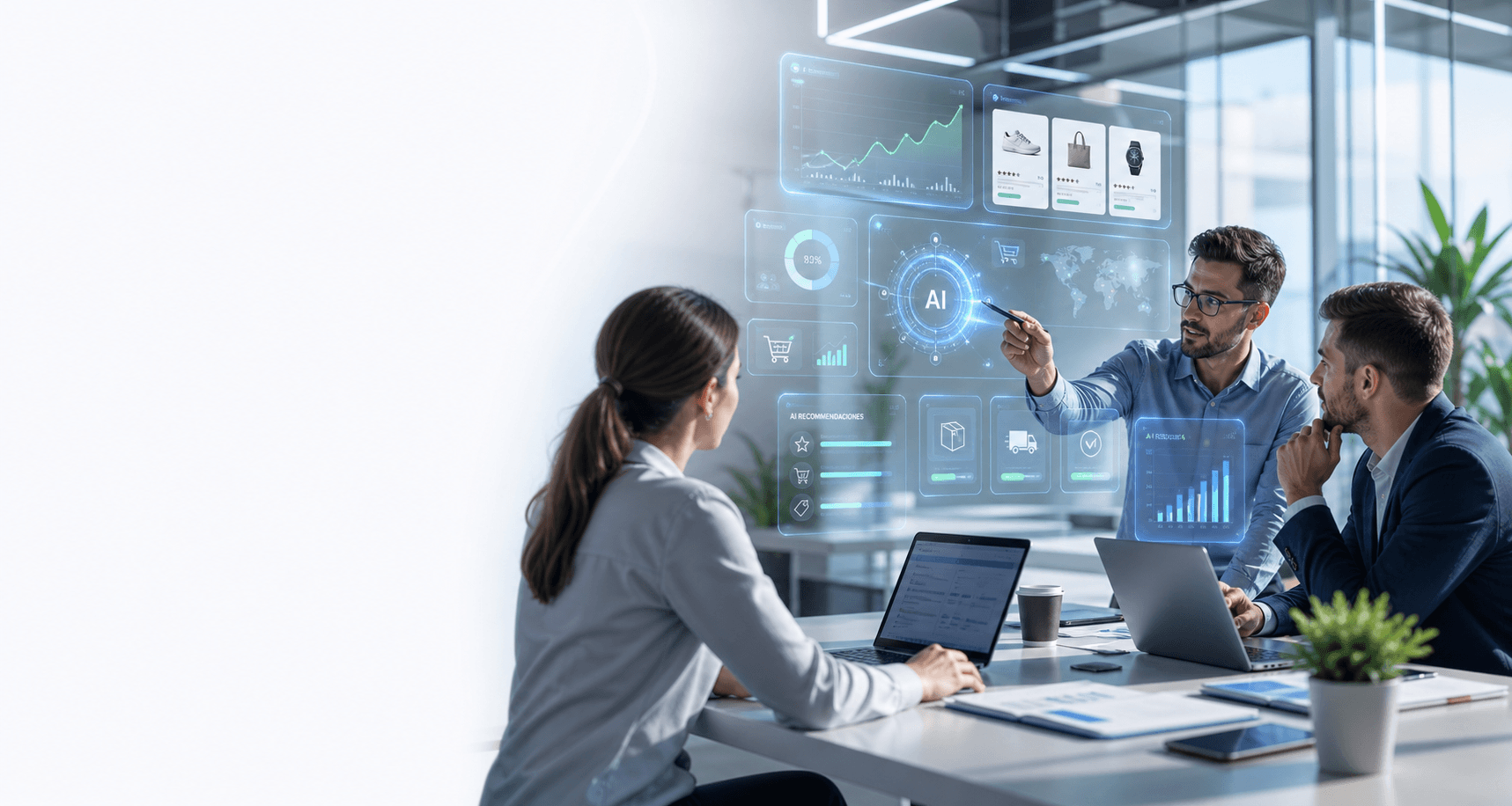 Equipo analizando ventas online con paneles de inteligencia artificial