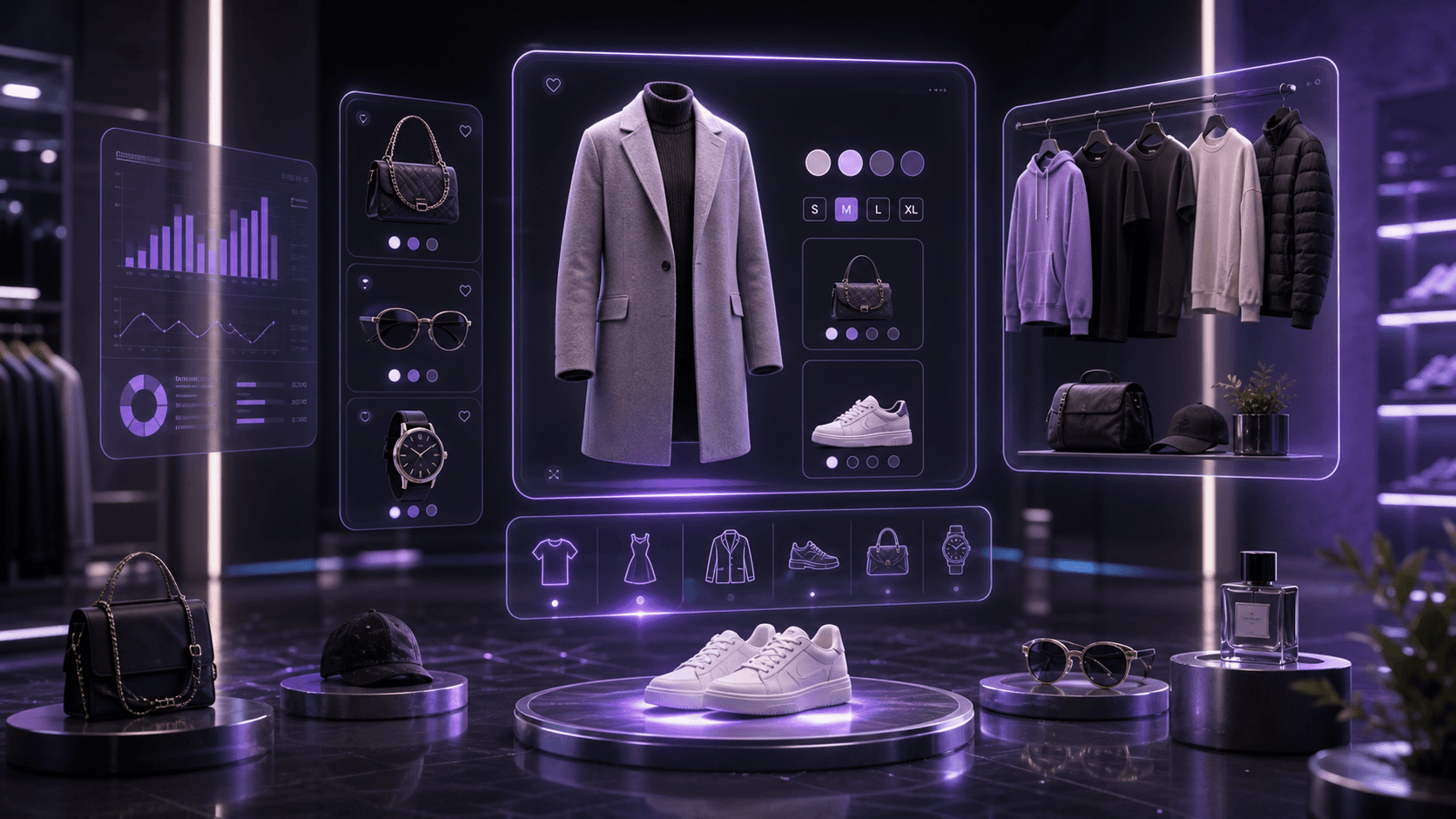 Tienda online futurista de moda y accesorios con catálogo holográfico