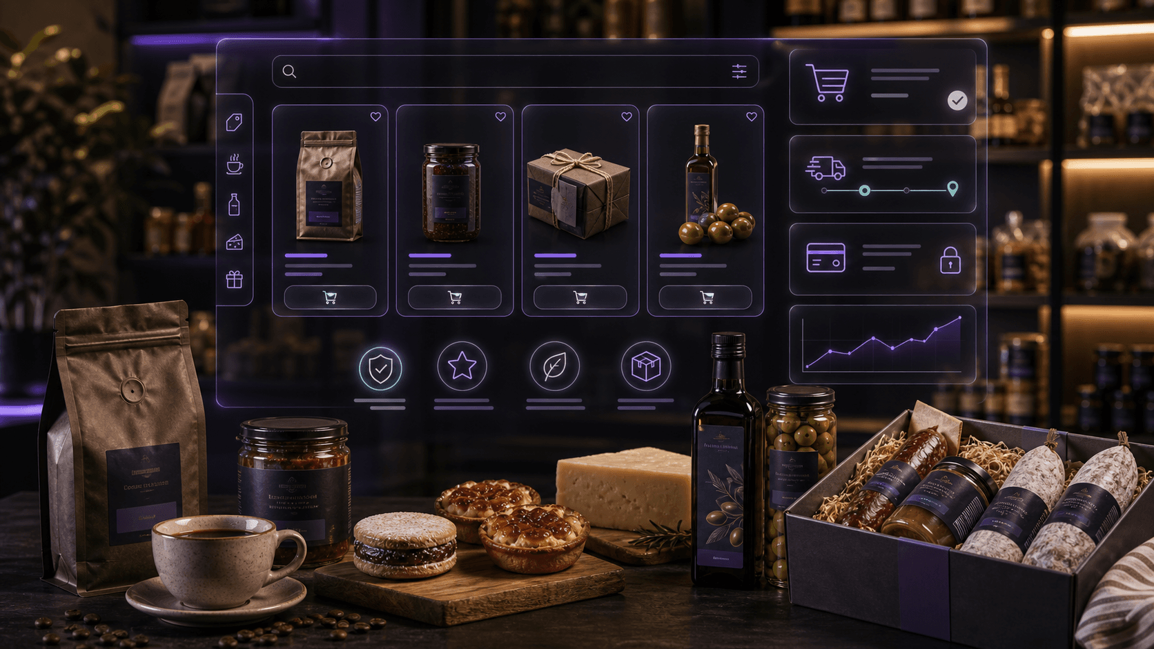 Tienda online futurista gourmet con productos regionales y seguimiento comercial