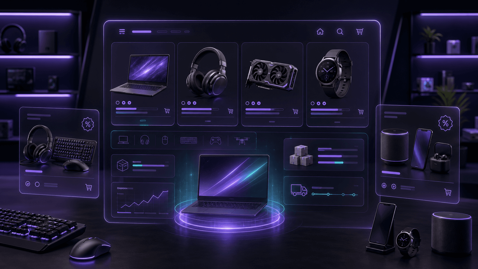 Tienda online futurista de tecnología con productos y métricas de stock